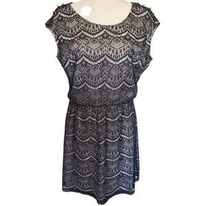 Guess Lace Dress Womens Sz 12 Navy Lined Knee Cap Sleeve Studs Western Romantic